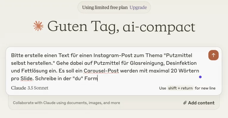 Screenshot der Benutzeroberfläche von Claude AI mit einem eingegebenen Prompt zur Erstellung eines Social Media Posts