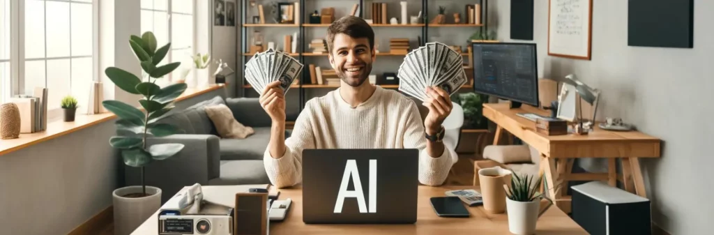 Ein Mann sitzt vor seinem Laptop auf dem die Buchstaben "AI" stehen. Er hält Geldscheine in beiden Händen und freut sich, dass er mit KI Geld verdient.