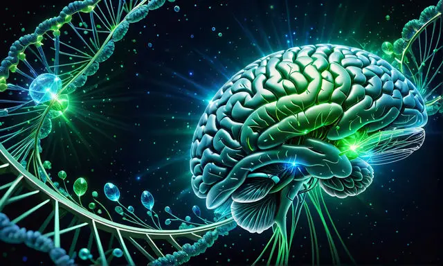Stilisiertes Gehirn, umgeben von leuchtenden Proteinen und DNA, symbolisiert Innovation und Hoffnung in der Forschung.