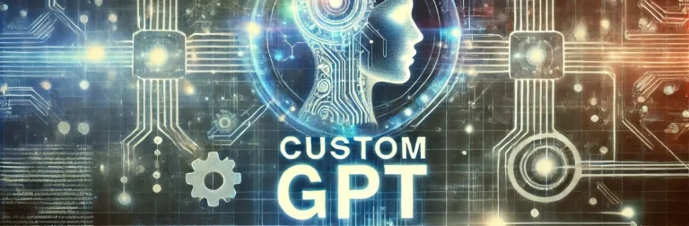 Ein digitaler Kopf auf futuristischem Hintergrund, mit dem Titel "Custom GPT"