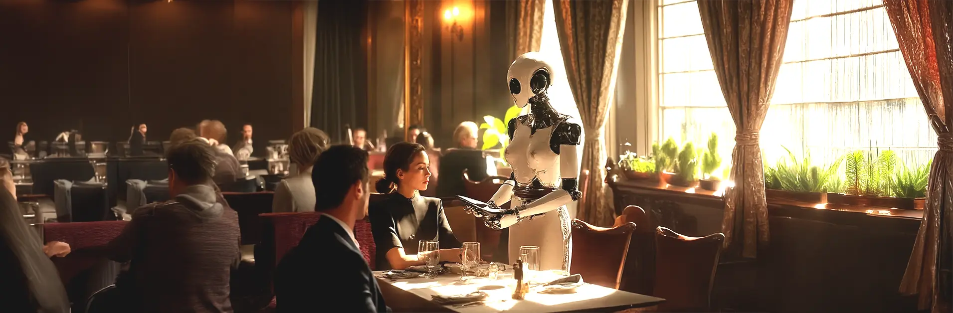 Ein humanoider Roboter nimmt im Restaurant Bestellungen eines Paars am Tisch auf