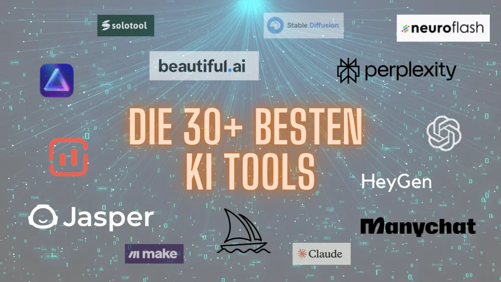 Neon-Schriftzug "die 30+ besten KI Tools" umgeben von Logos verschiedener Tools auf futuristischem Hintergrund