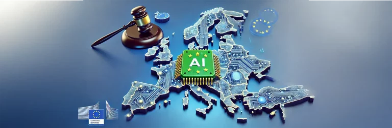 Über den Ländern der EU ist ein Chip mit der Aufschrift "AI" platziert. Daneben ist ein Gerichtshammer zu sehen. Das Bild spiegelt das Thema EU AI Act wider.