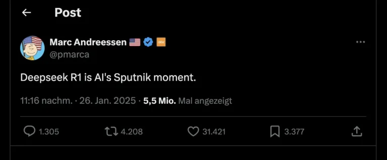 Tweet von Marc Andreessen: "Deepseek R1 is AI´s Sputnik moment."