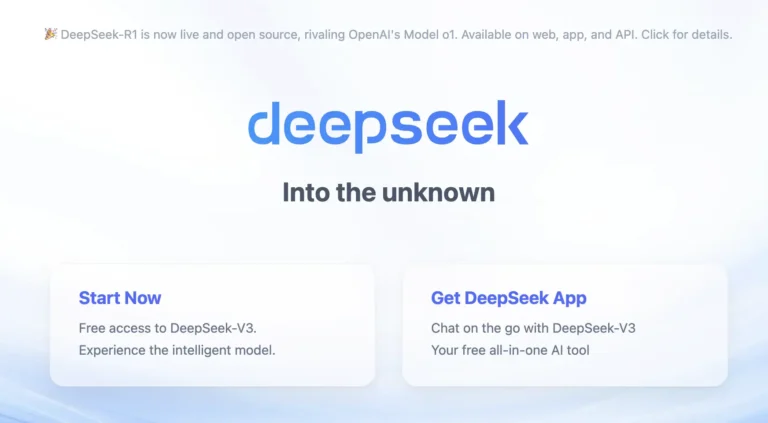 Screenshot der DeepSeek Website mit Slogan "Into the Unknown"