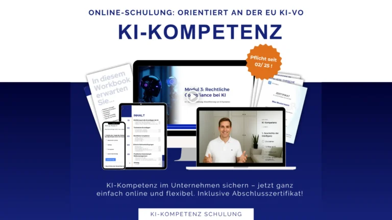Darstellung einer Online-Schulung für KI-Kompetenz auf verschiedenen Endgeräten (Laptop, Tablet, Handy)